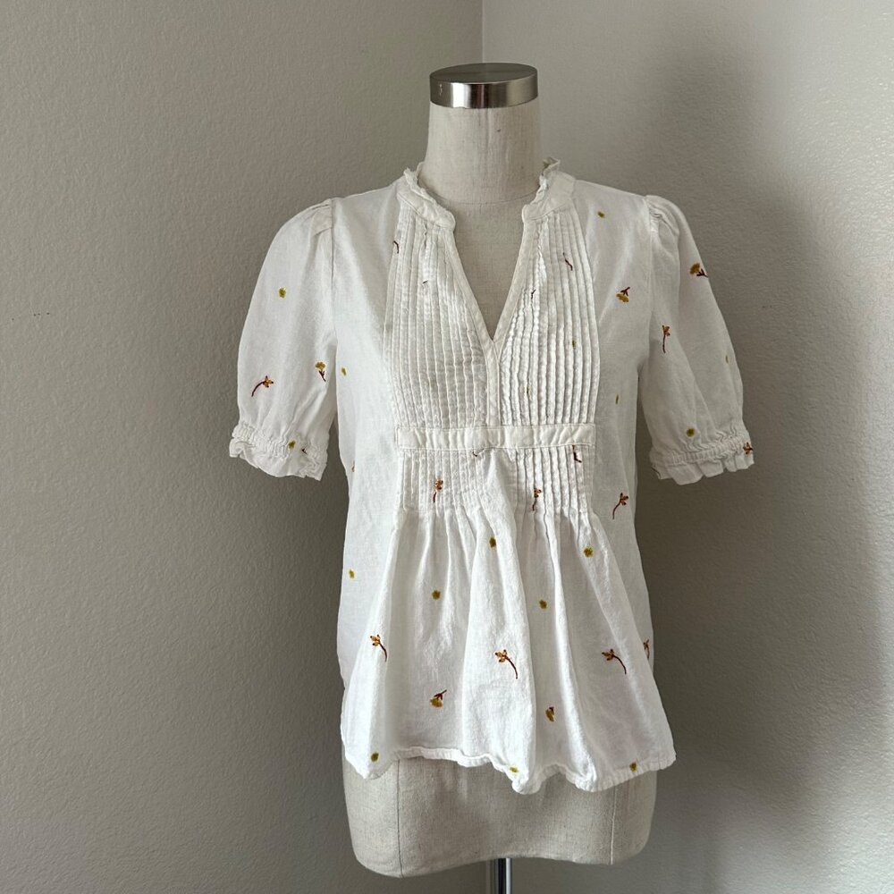 Anna Pullover Blouse Pleated V Neck Short Sleeve Linen Embroidered Flowers Sz XS